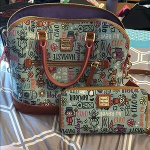 Dooney & Bourke Teal Satchel with Vintage Print and Leather Trim
